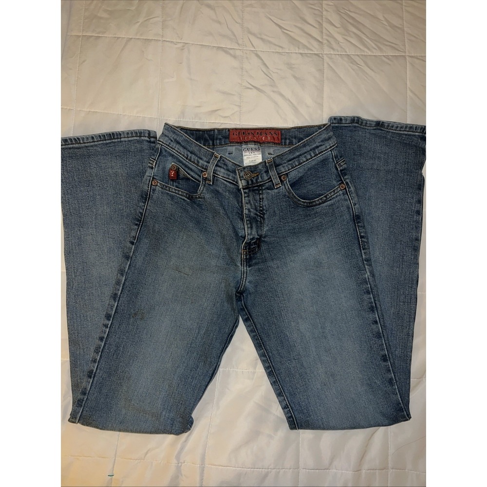Vintage Guess Jeans USA 26 Straight Leg Denim Y2K 90's Medium Wash Logo Traingle